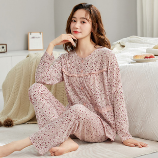 宽松中年妈妈可外穿家居服套装 女士纯棉睡衣春秋季 加大码 薄款 长袖