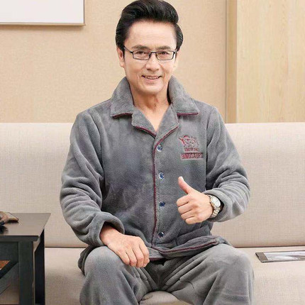 中老年老人睡衣男士珊瑚绒保暖秋冬季爸爸款加厚加绒法兰绒家居服