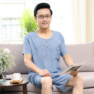 短裤 睡衣中老年人男士 爸爸圆领套头短袖 家居服套装 款 夏季 棉绸新款
