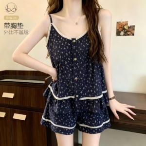 纯欲风自带胸垫云朵棉睡衣女夏季休闲简约无袖短裤薄款家居服套装
