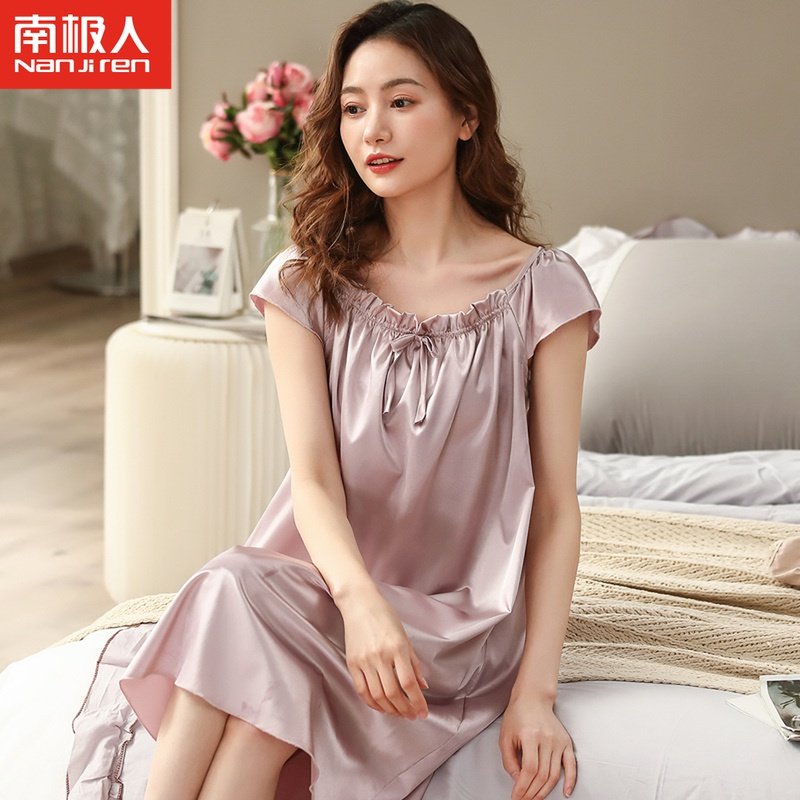 3南极人睡裙女夏季家居服冰丝薄款丝绸睡衣短袖中年中老年妈妈真丝