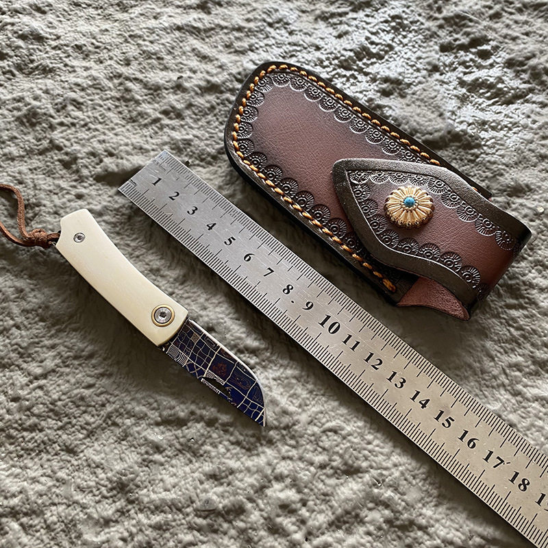 瑞典大马士革钢小折刀烤蓝马赛克收藏小刀猛犸冰牙手柄随身携带刀