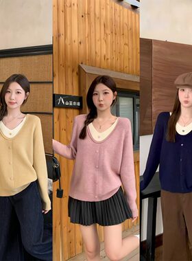 粉色假两件毛衣针织衫女