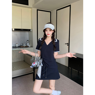 2025夏装 新款 胖mm大码 女休闲气质v领蕾丝边丝巾绑带短裙套装