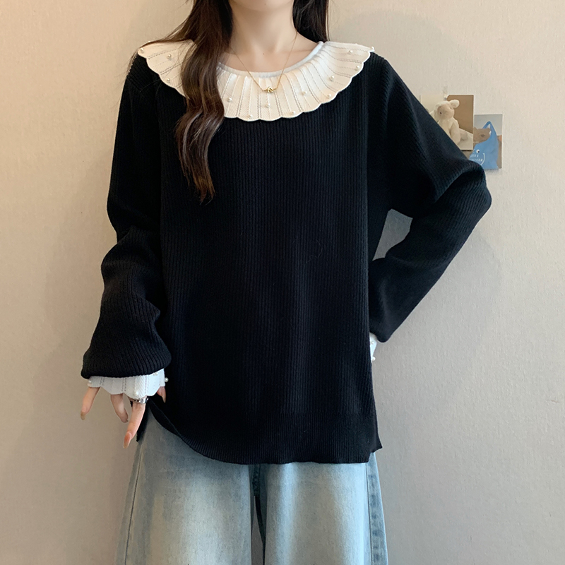 法式钉珠娃娃领黑色针织衫