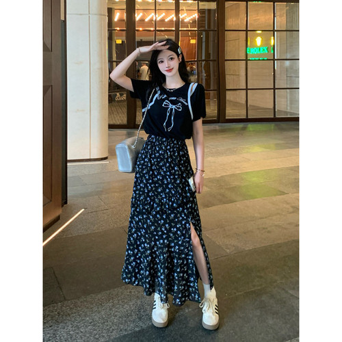 大码露肩开叉碎花连衣裙女夏季胖mm显瘦长裙气质都市新田园风裙子