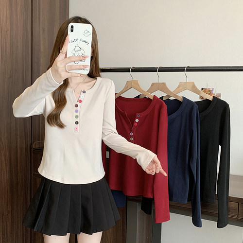 现货实拍2025秋装新款胖mm大码女加厚彩色纽扣半开领打底长袖T恤