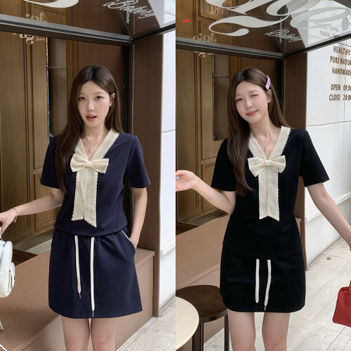 大码女装2025超火夏装搭配一整套胖MM独特漂亮藏蓝色短裙两件套装