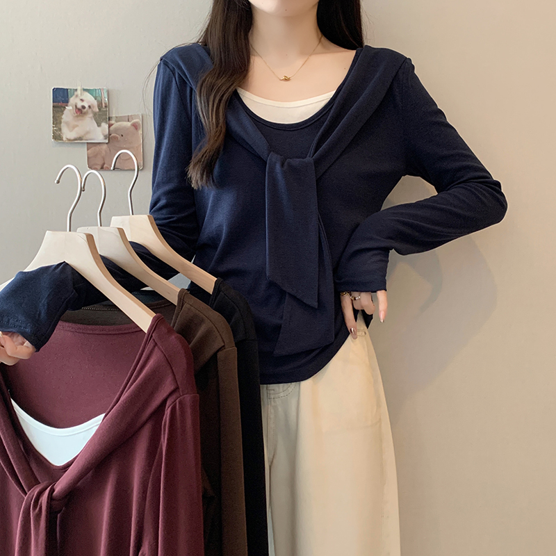 大码假两件休闲长袖T恤女春季