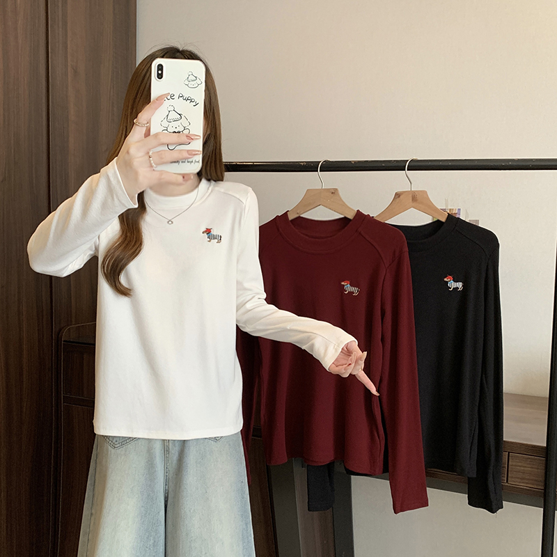 红色正肩长袖T恤打底衫女秋季2025新款大码胖MM减龄卡通图案上衣