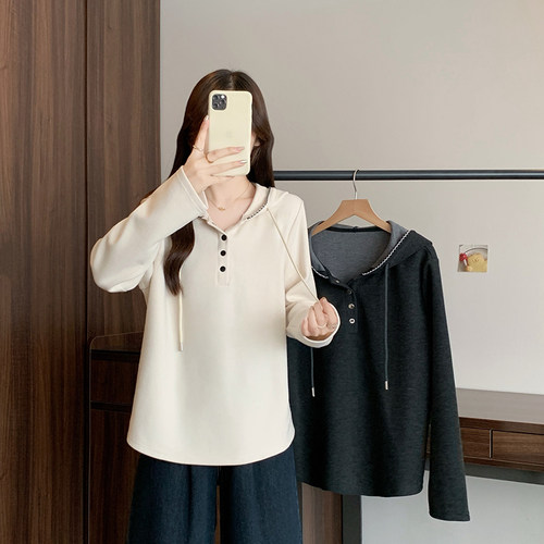 连帽女士2025年秋季杏色长袖宽松