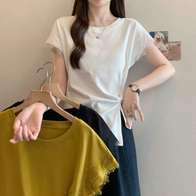 超好看蕾丝花边正肩短袖T恤女2025夏新款大码胖mm不规则掐腰上衣
