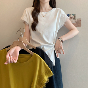 超好看蕾丝花边正肩短袖 胖mm不规则掐腰上衣 T恤女2025夏新款 大码