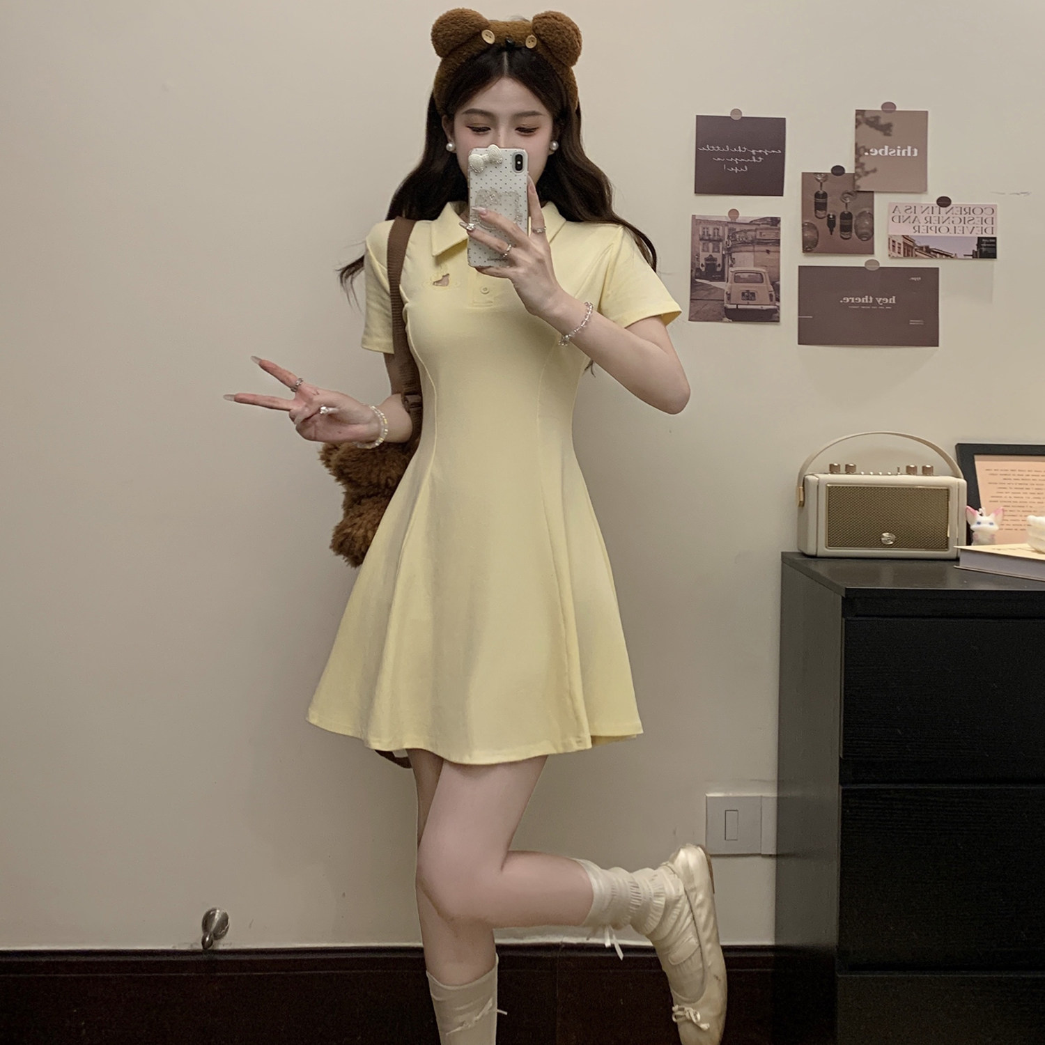 2025巨好看黄色短袖连衣裙大码女装胖mm夏季小个子收腰polo连衣裙