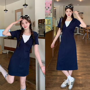 时尚休闲风连帽撞色裙子女夏季大码胖妹妹新款韩版设计显瘦连衣裙