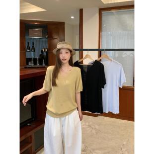 浅蓝色V领冰丝薄款针织短袖T恤女2026新款夏大码胖mm正肩宽松上衣
