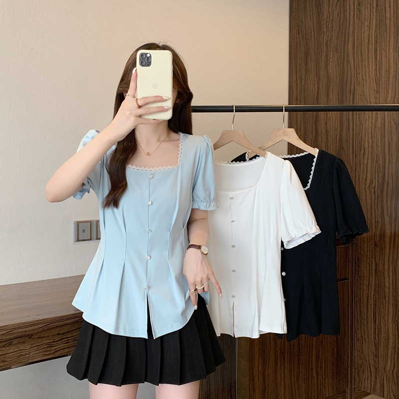 蕾丝花边泡泡短袖衬衫女夏季