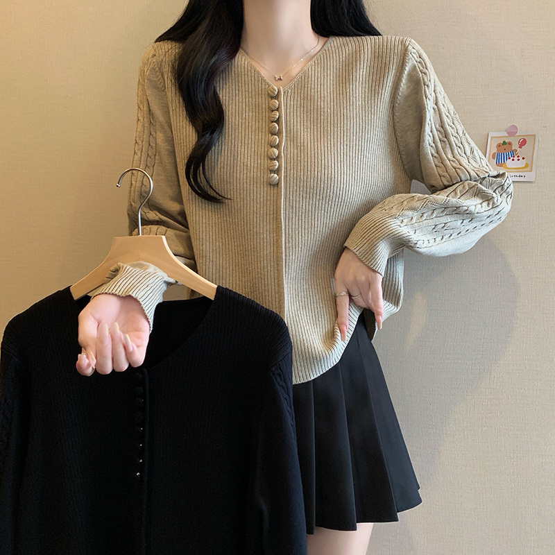 V领正肩勾花镂空长袖包扣针织衫上衣大码女装微胖mm内搭毛衣