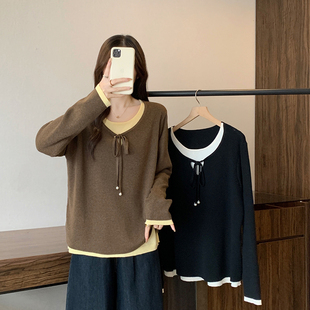 微胖2025冬装新款胖mm大码女休闲百搭叠穿假两件撞色长袖针织上衣