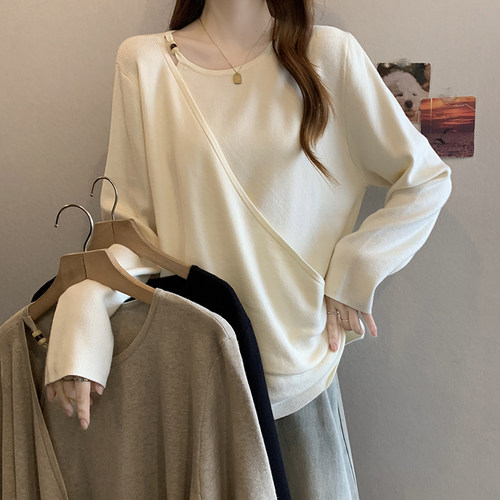不对称设计感假两件穿珠长袖针织衫上衣大码女装微胖mm宽松毛衣