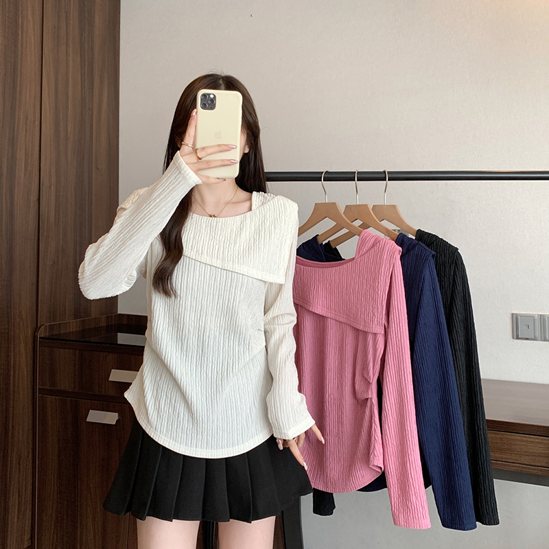 方领不规则长袖t恤女秋季大码胖mm遮肚子显瘦褶皱收腰打底衫上衣