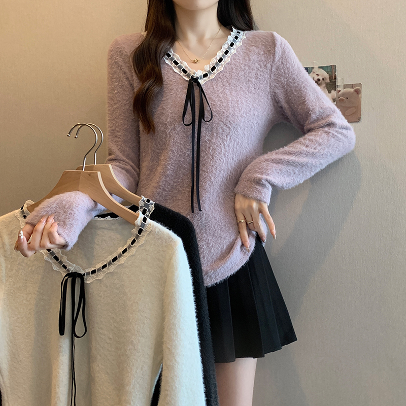 大码胖mm法式蕾丝拼接上衣V领