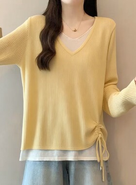 奶黄色V领正肩冰丝针织长袖T恤女2026春夏新款大码胖mm假两件上衣