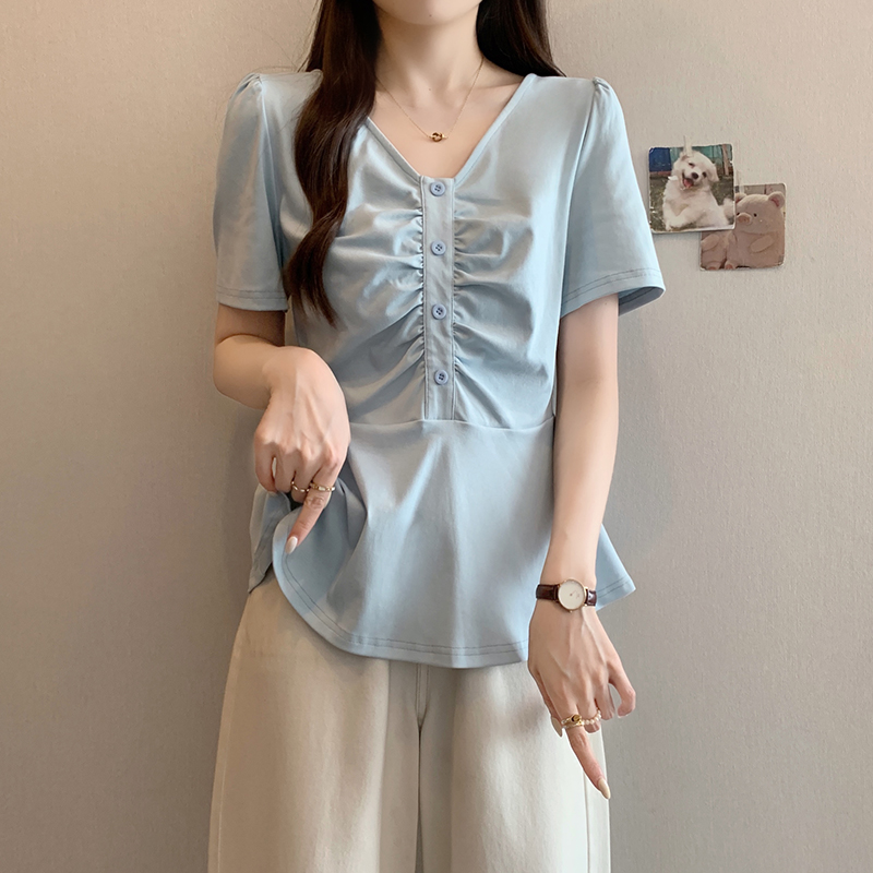 浅蓝色V领正肩短袖T恤女2025夏季新款大码胖mm超好看漂亮蓬蓬上衣