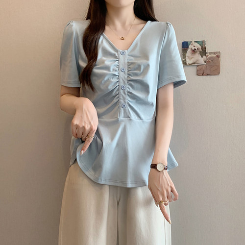 浅蓝色V领正肩短袖T恤女2025夏季新款大码胖mm超好看漂亮蓬蓬上衣