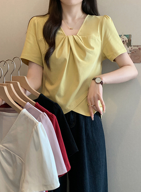 2026夏装新款胖mm大码女时尚设计感v领不规则正肩T恤纯棉短袖上衣