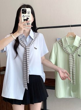 韩系清风假两件条纹披肩衬衫女士大码胖mm夏季减龄刺绣百搭上衣