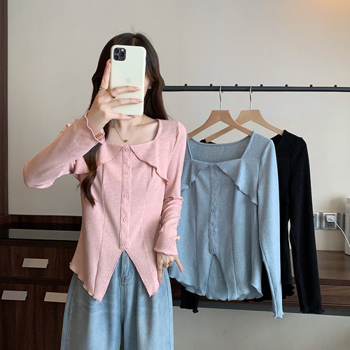 大码遮肚子正肩方领不规则t恤女秋冬胖mm显瘦设计感打底衫上衣