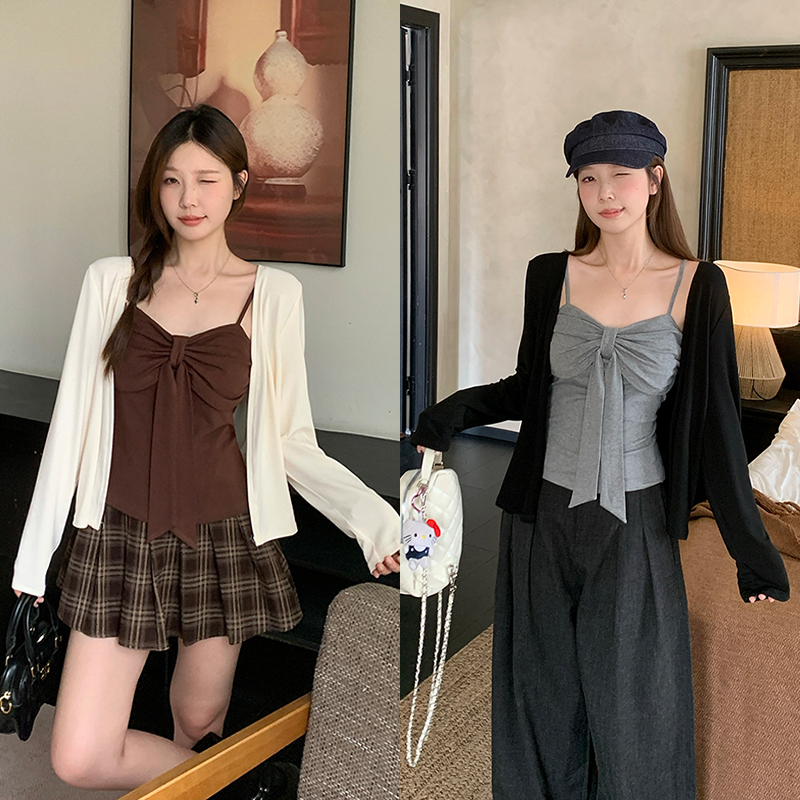 大码胖mm早秋搭配一整套美拉德穿搭长袖外搭开衫吊带两件套装上衣