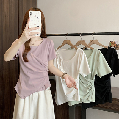 大码设计感小众短袖T恤女装夏季胖mm遮肚不规则交叉显瘦正肩上衣