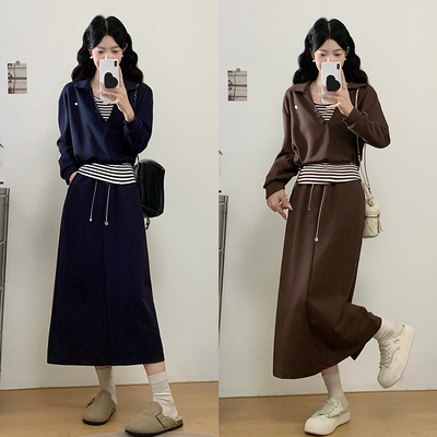 大码女装2025秋超火搭配一整套胖mm梨形显瘦美拉德咖色叠穿套装裙