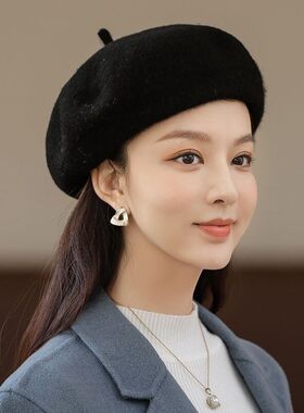 羊毛帽子女款贝雷帽秋冬
