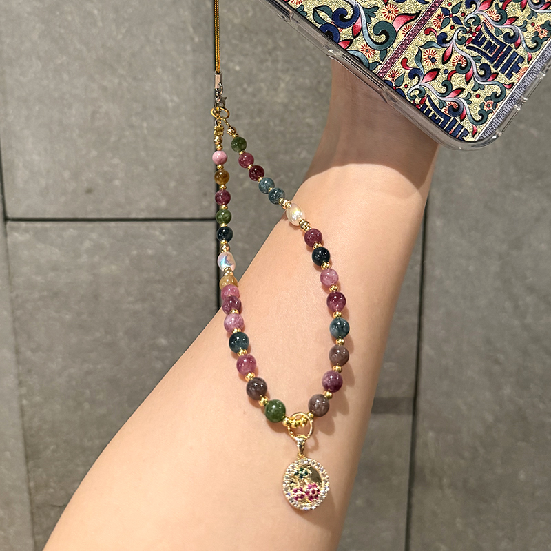 新中式民族风碧玺色彩色手串铃兰花朵吊坠纯手工轻奢精品串珠女手腕挂饰手机链
