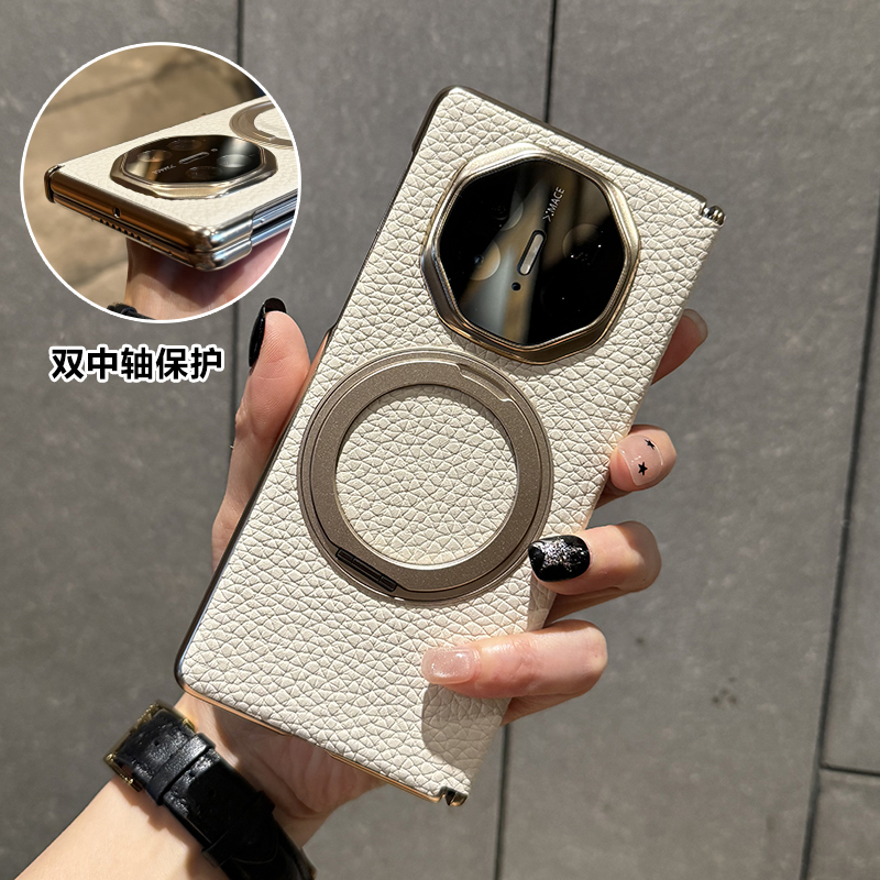 适用于华为matex6手机壳折叠屏新款matex5全包镜头防摔高级真皮电镀硬壳Matex6典藏版保护套双中轴保护奶昔白