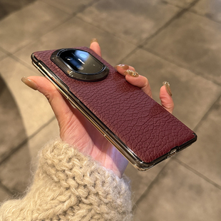 适用华为matex7手机壳折叠屏新款 中轴包裹保护套简约复古波尔多红 透黑高级皮质保护套Matex7典藏版