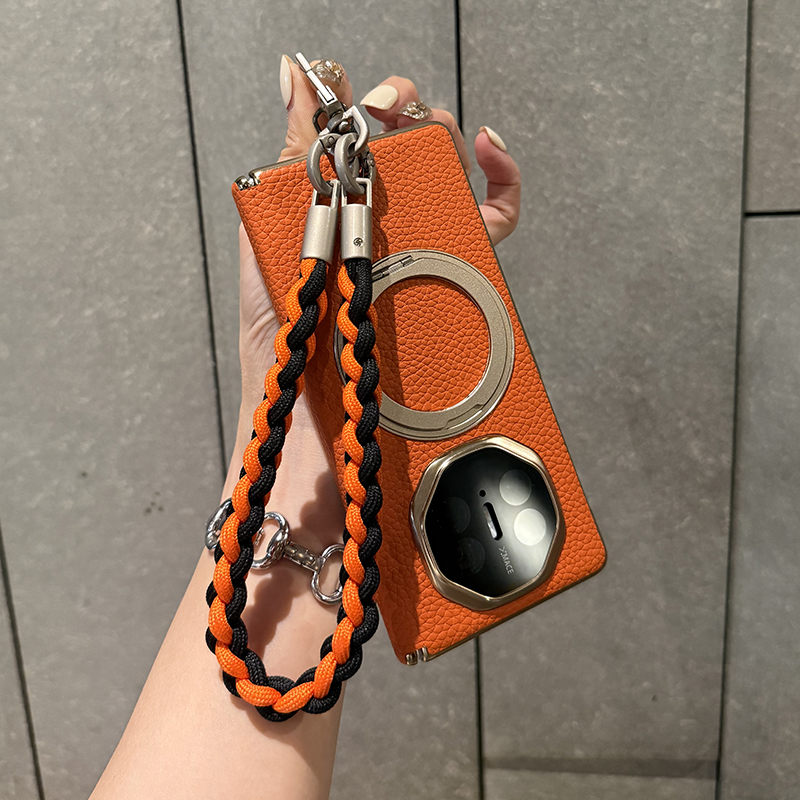 适用于华为matex6手机壳折叠屏新款matex5全包镜头防摔高级真皮电镀硬壳Matex6典藏版保护套双中轴保护亮橙色