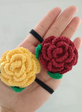 成人玫瑰花发圈儿童女孩手钩毛线编织花朵发圈手工发饰成品材料包