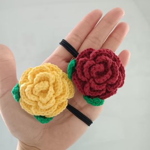 成人玫瑰花发圈儿童女孩手钩毛线编织花朵发圈手工发饰成品材料包