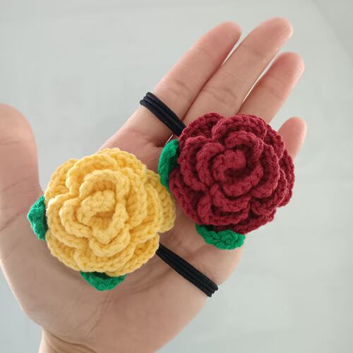 成人玫瑰花发圈儿童女孩手钩毛线编织花朵发圈手工发饰成品材料包