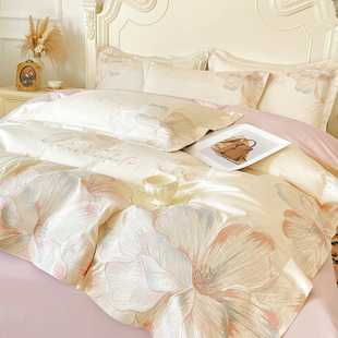 高端轻奢A类超柔软纯棉四件套花卉刺绣全棉棉被套床笠1.8床上用品