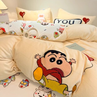 蜡笔小新牛奶绒床上四件套冬季加厚被套床单珊瑚绒单人床笠三件套