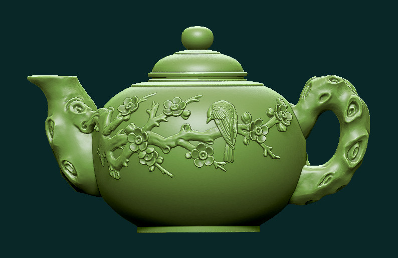 北京精雕 圆雕图 三维立体模型图 四轴雕刻图 花鸟茶壶