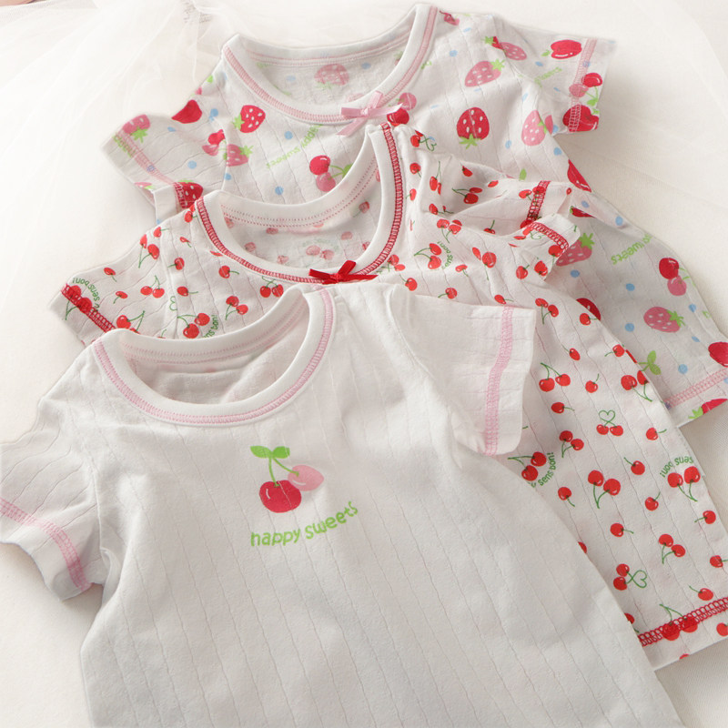 夏季圆领实拍短袖t恤日系小女孩儿童纯棉超透气网眼上衣草莓甜心