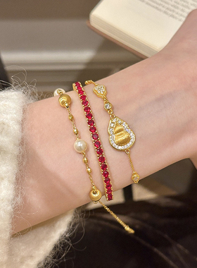 金包银拉丝葫芦手链女新中式微镶满钻超闪轻奢气质叠戴手饰