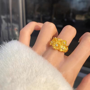 金包银繁花锦簇戒指女时尚轻奢镶钻小雏菊花束开口指环送女友