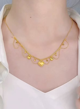 金色饰品 古法蕾丝爱心项链百搭女新款流苏新中式蹦迪珠锁骨链